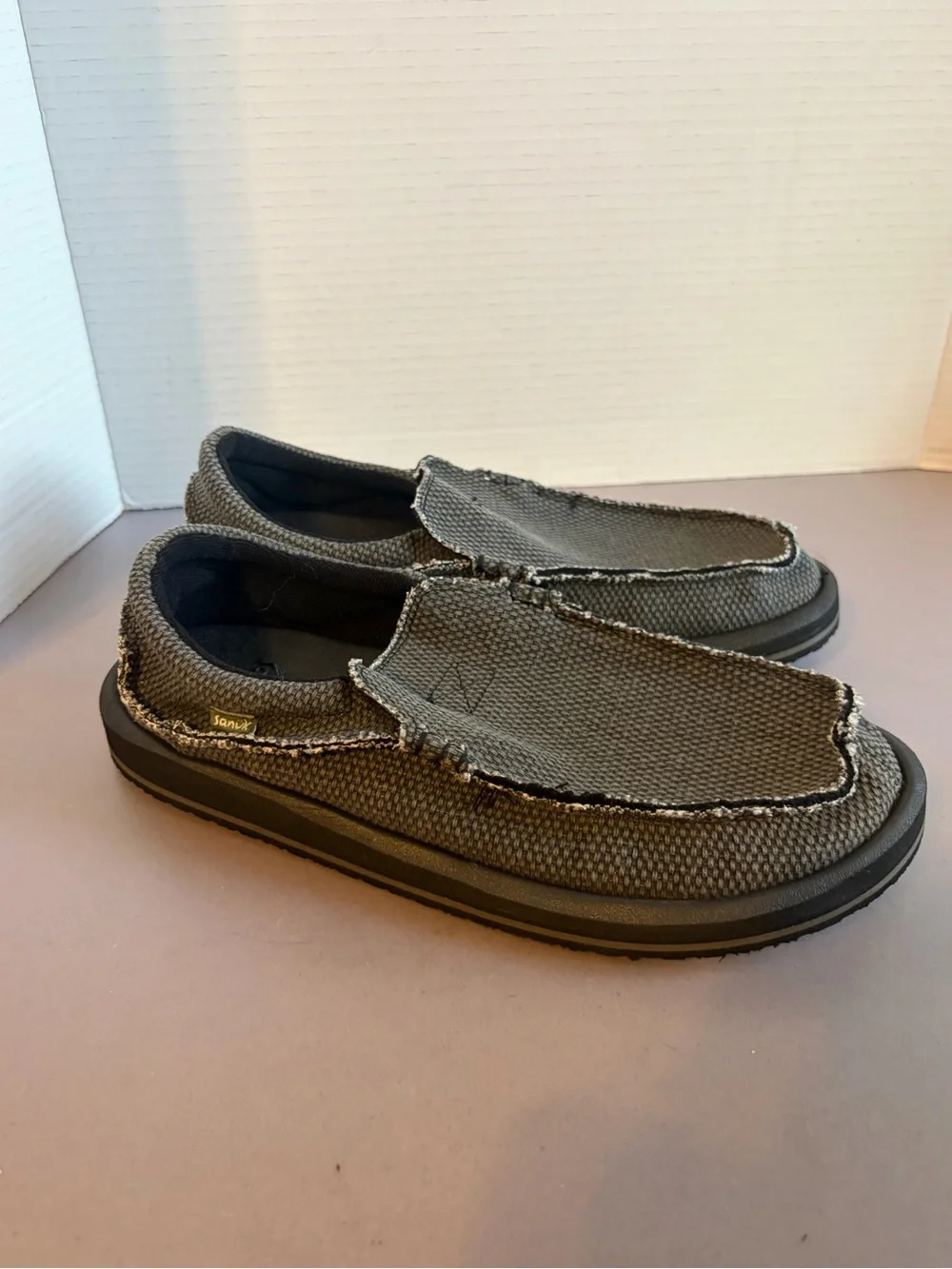 Sanuk Men’s Charcoal Canvas Slip-On Boat Shoes
